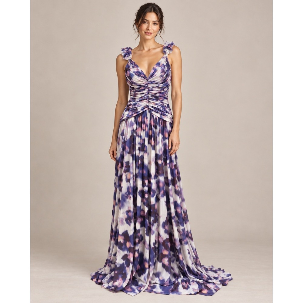 BHLDN Anthropologie Purple Abstract Floral Ruched Mesh Maxi Gown Dress Size L